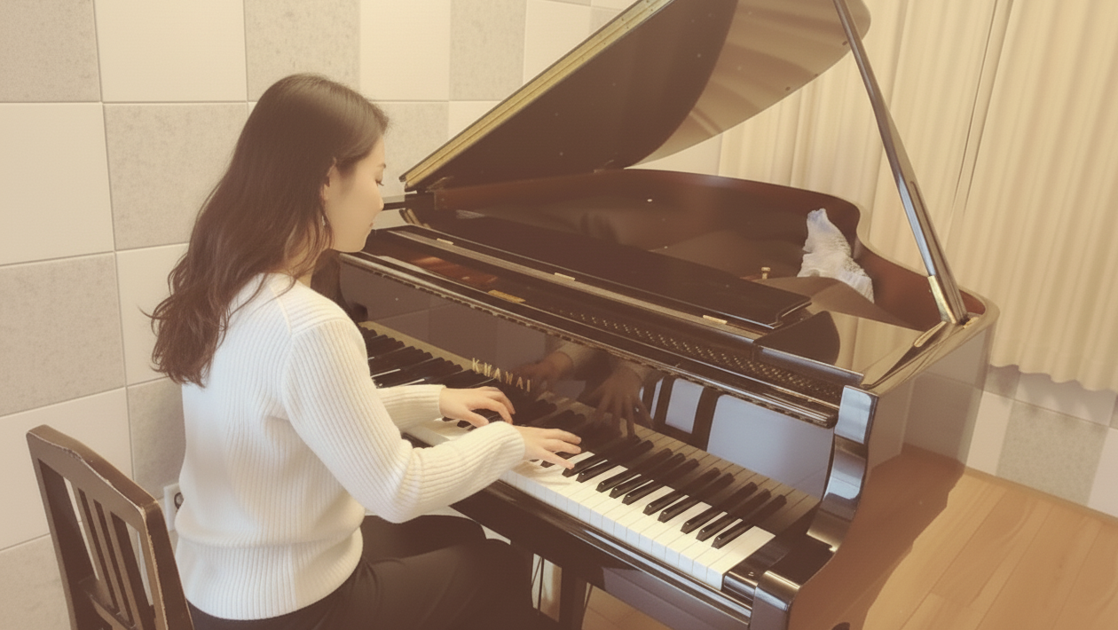 カワイ グランドピアノを演奏中の女性